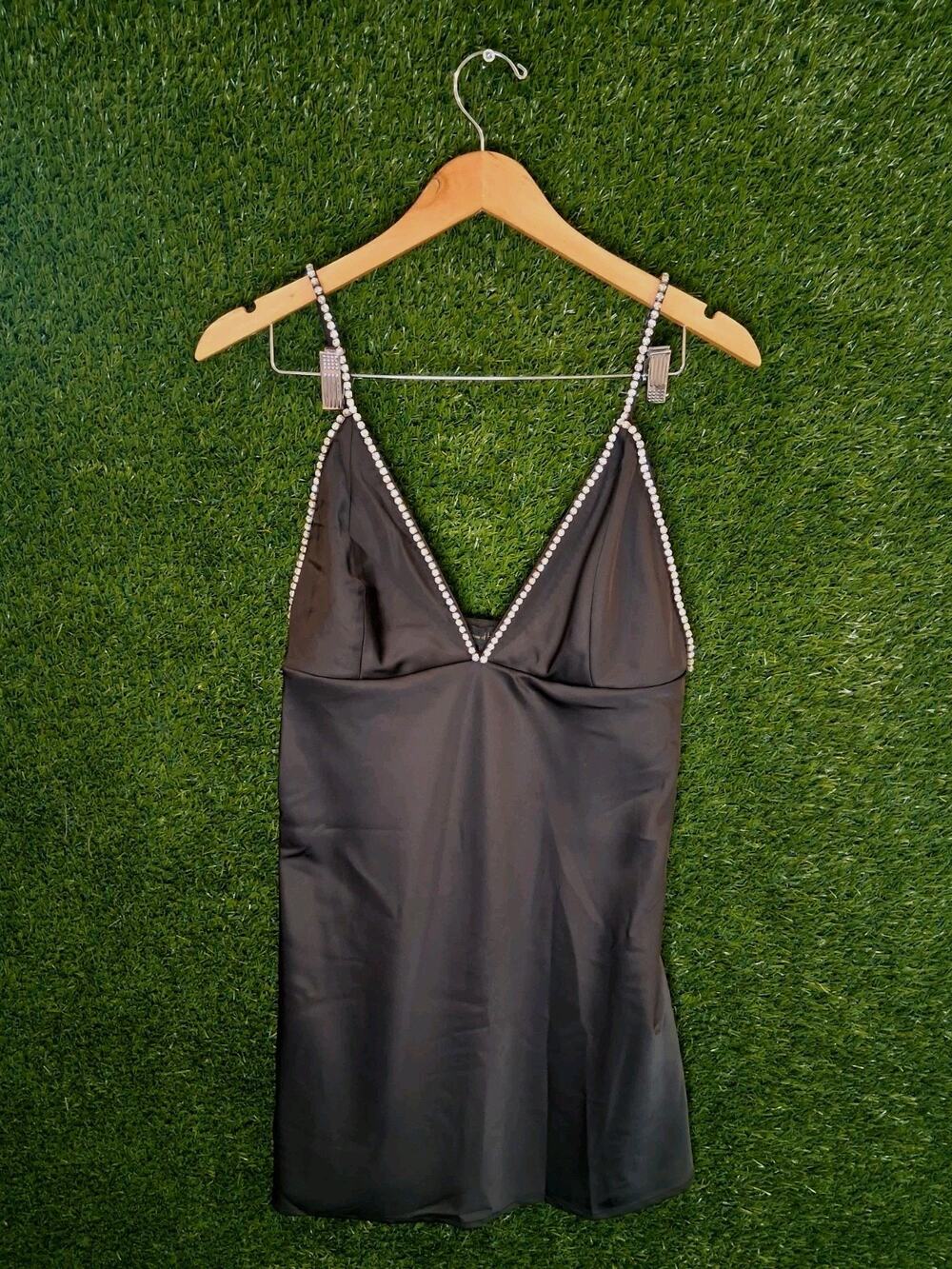 House of Harlow 1960 Black Satin Mini Dress Rhinestone Crystal Trim V-Neck Size